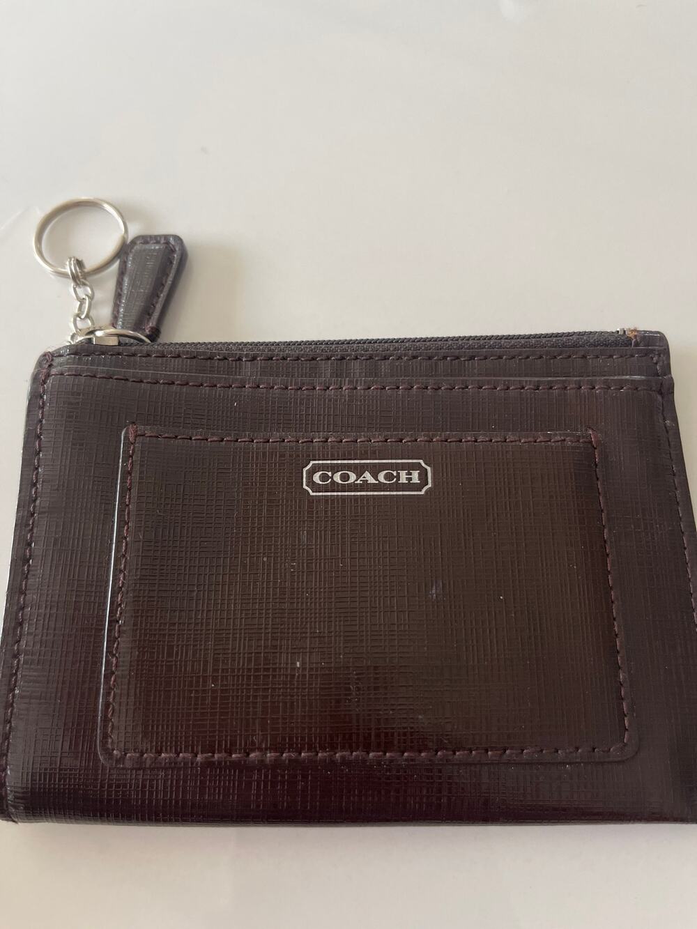 Coach Brown Leather Card Case with Silver-Tone Key Ring Chain